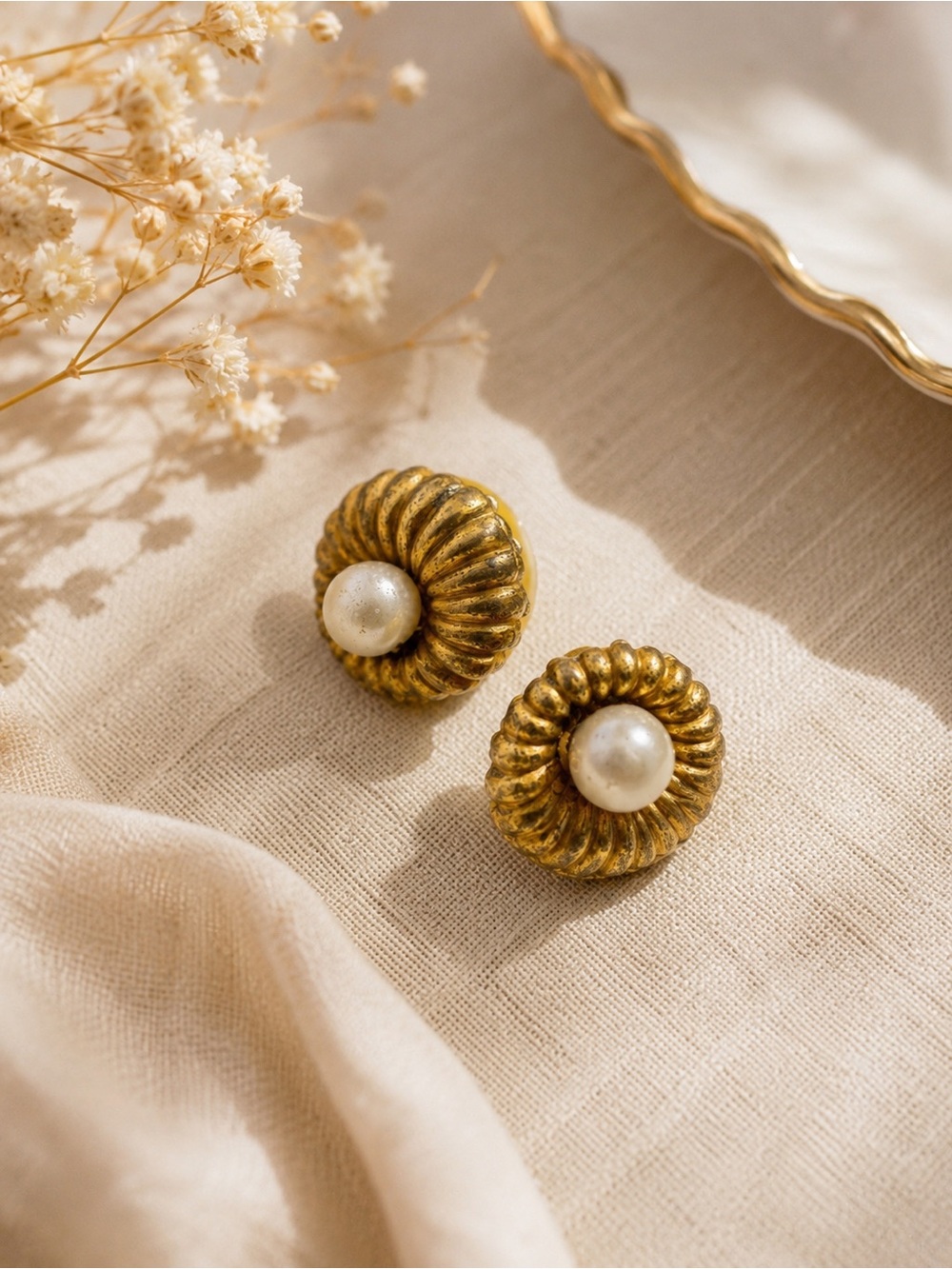 Gold Pearl Center Vintage Earrings